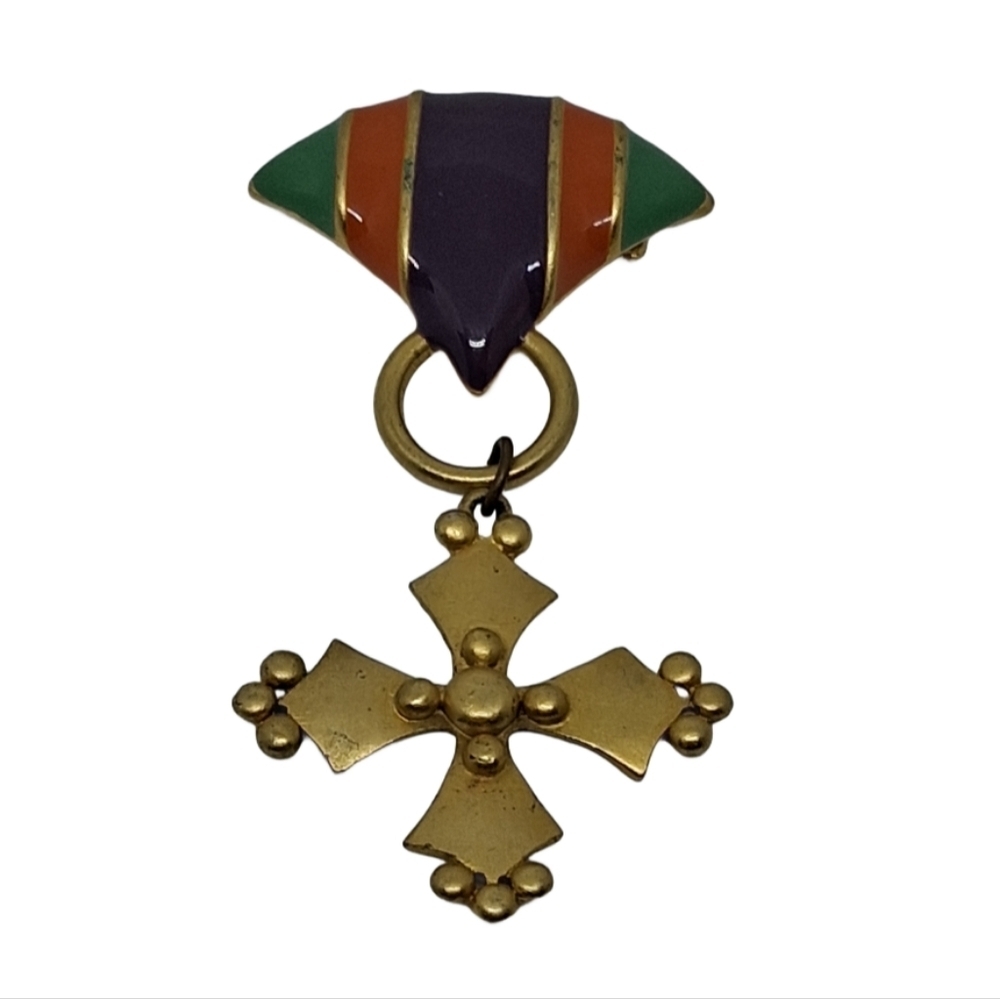 M. Jent Signed Modernist Brooch | Gold Cross Pendant 1980s